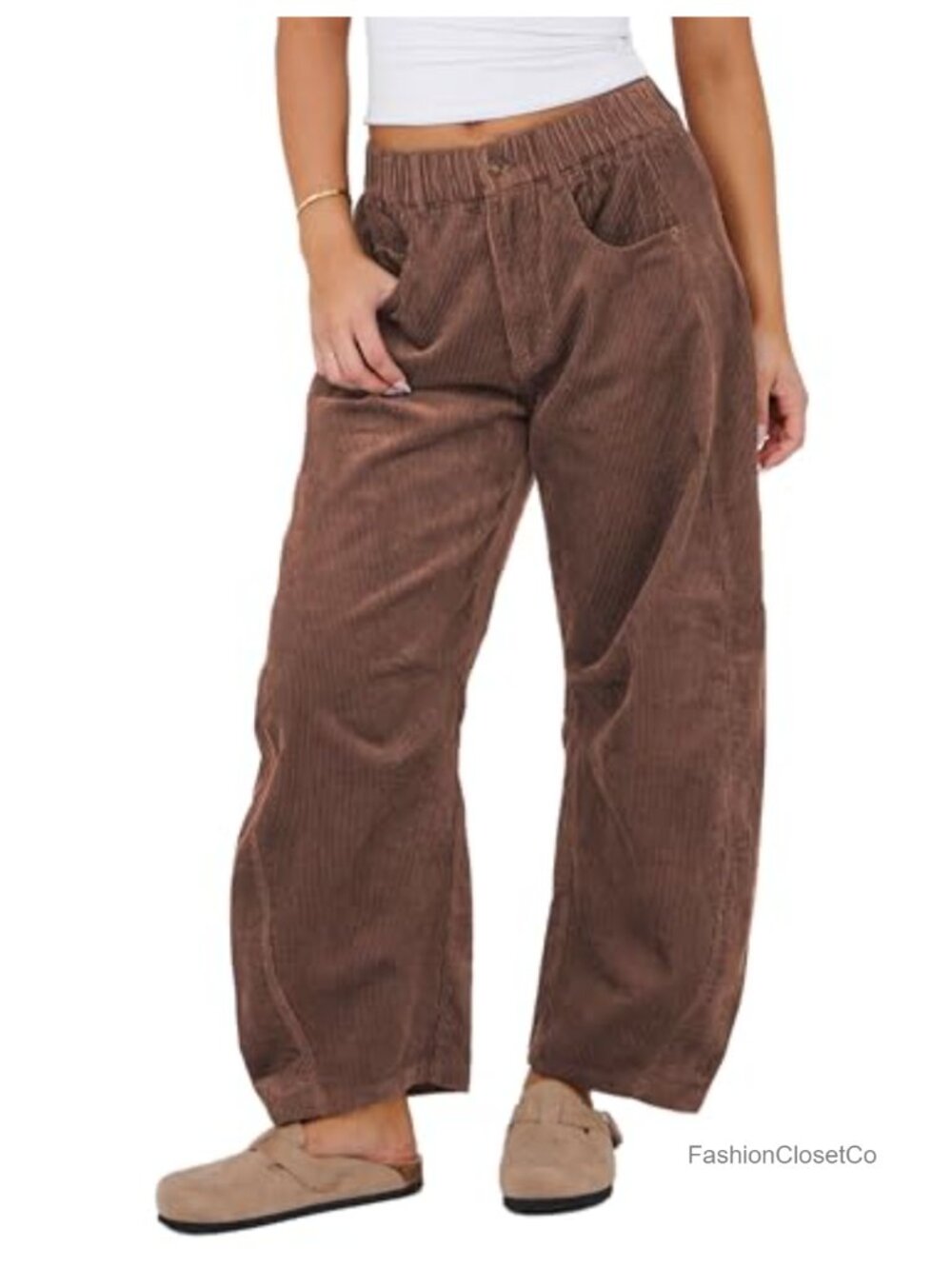 Corduroy Barrel Pants Wide Leg Trousers Elastic Waist Casual